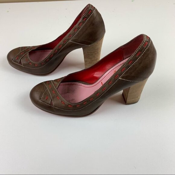 Miss Sixty Brown Leather Red with Red Stitching Chunky Heel size 38 - Picture 2 of 13